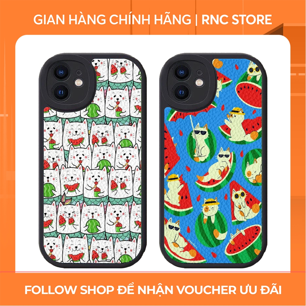 Iphone XS/11 Pro/12 Pro/14 Pro Max/13/...เคสพลาสติกสีดําลายหนังและป้องกันกล้องรูปแตงโม Cat