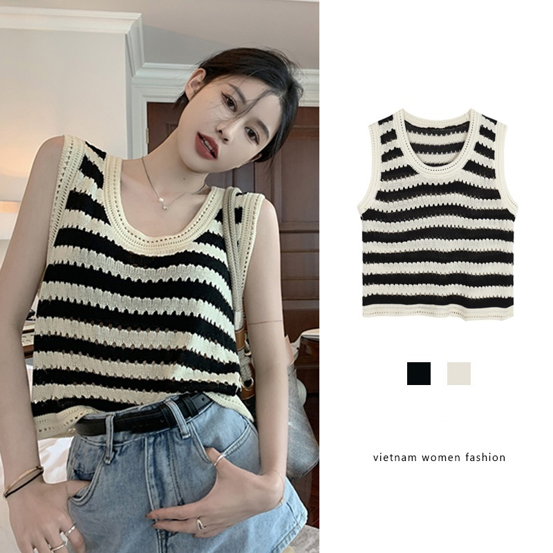 ZHELIHANGFEI แฟชั่นเกาหลี ทอ เสื้อกล้าม เสื้อกล้ามลายทางถักกว้างสําหรับผู้หญิง