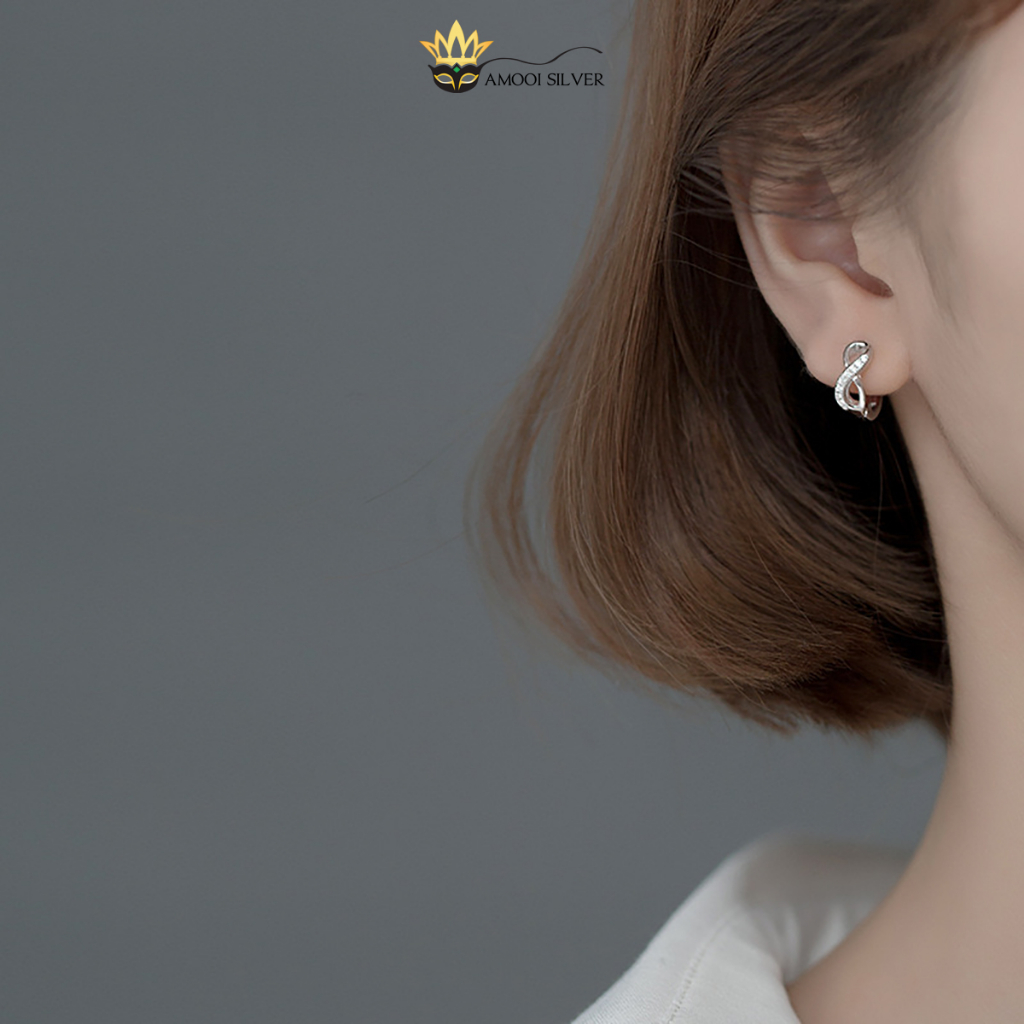 S925 SILVER ต่างหู Infinity Round Stone Encrusted เส้นผ่านศูนย์กลาง 9 มม. - AMOOI SILVER AB278 -