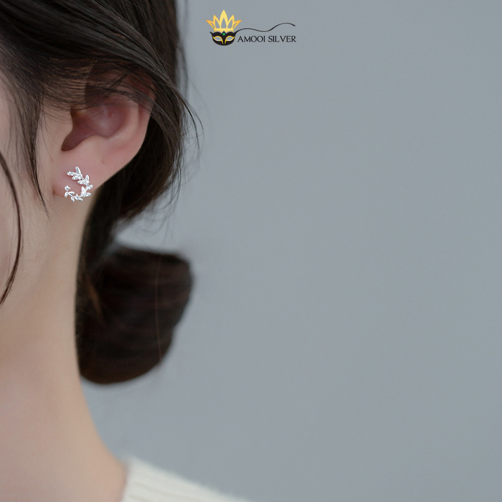 Bông Tai Bạc S925 Lá Nguyệt Quế Nạm Đá Lấp Lánh Dạng Vành - AMOOI SILVER AB270 -