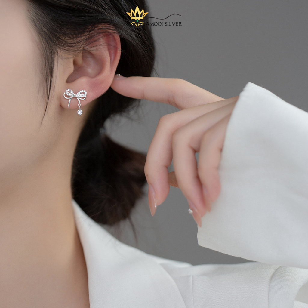 Bông Tai Bạc S925 Nạm Đá Đôi Nơ Đá Rơi - AMOOI SILVER AB260