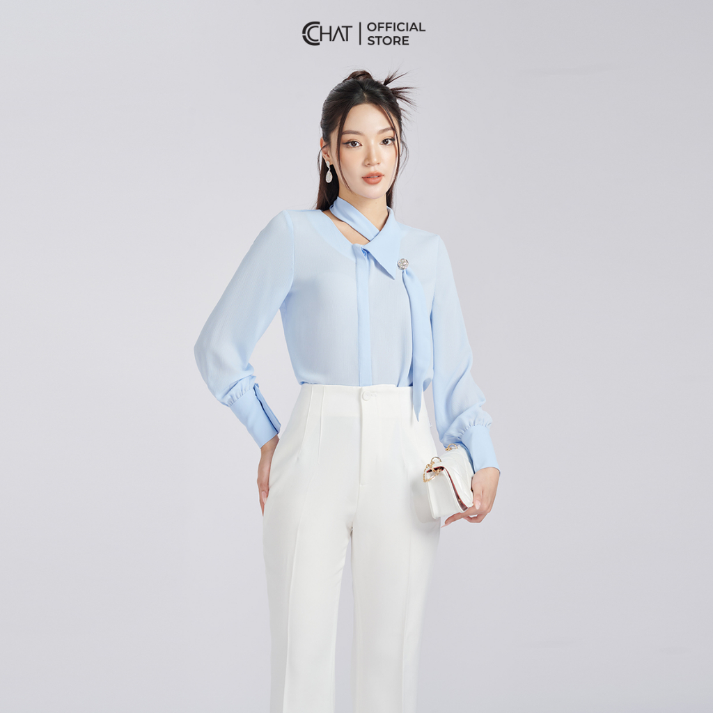 เสื้อคอปกเยอรมันผู้หญิงโบว์ระบายทรงตรงผ้าชีฟองคุณภาพสูง53fdv8020เซนต์