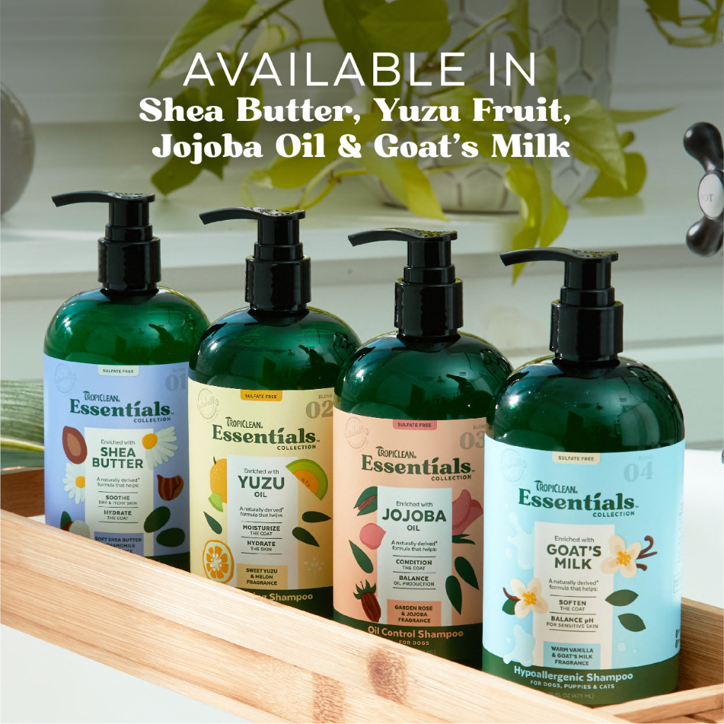 Tropiclean Essentials Shower &amp; Conditioner สําหรับสุนัขและแมวจาก Yuzu Premium Alkaline Avocado Milk เพื ่ อฟื ้ นฟูความชื ้ น