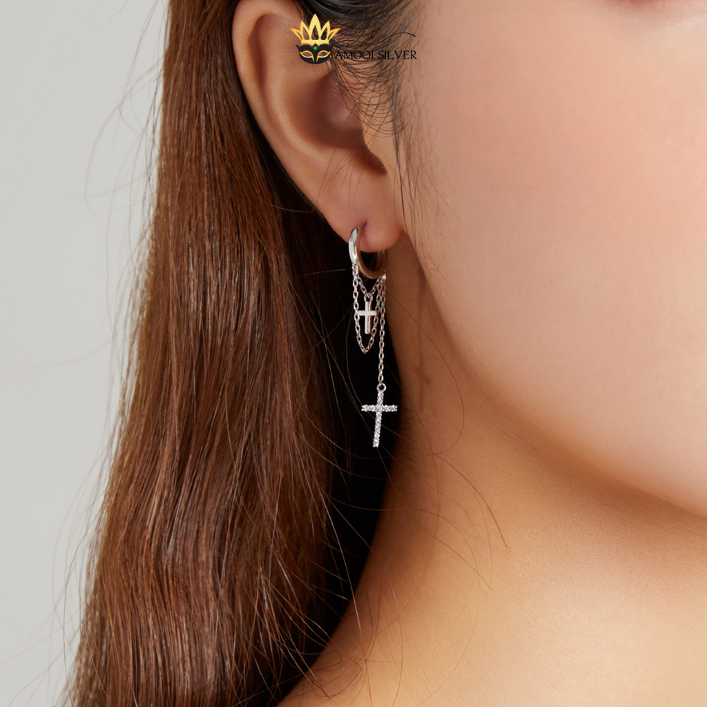 S925 SILVER ต่างหูรอบข้ามบุคลิกภาพ Drop ต่างหูเส้นผ่านศูนย์กลาง 9 มม. - AMOOI SILVER ABH004