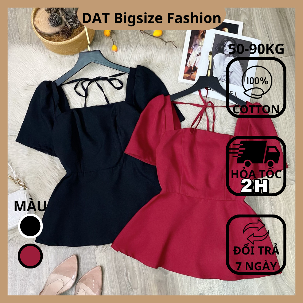 เสื้อคอเหลี่ยม Peplum แขนพัฟ และคอนซีลเลอร์โบว์สําหรับผู้หญิง BIGSIZE 50.90KG