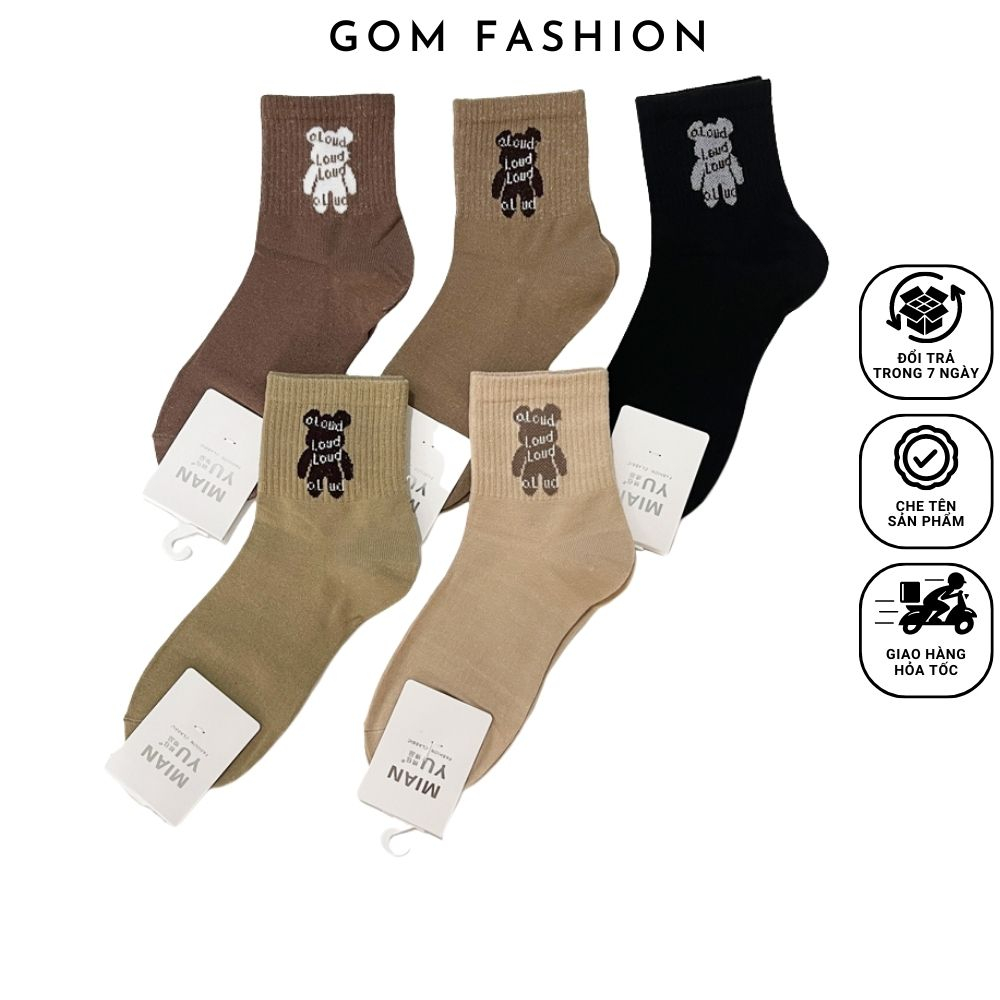 GOMTAT ถุงเท้ากลางคอผู้หญิงลายหมีดังถุงเท้ากลางผู้หญิงทําจากผ้าฝ้ายคุณภาพสูง - LISU18-LUNG-GAU-LOUD-