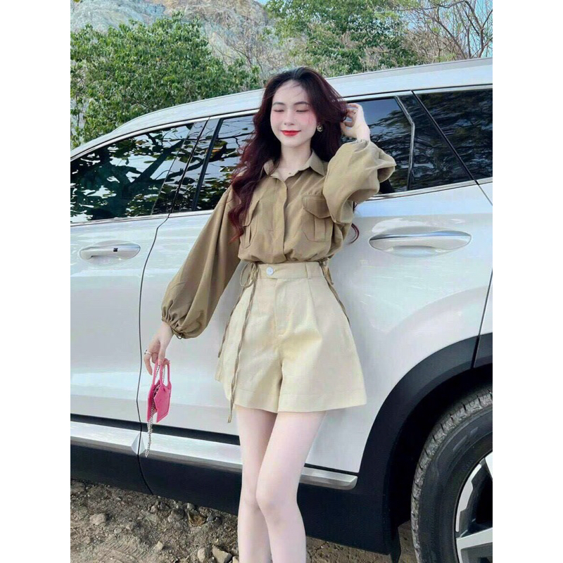 ชุดแฟชั่นสตรีน่ารัก ชุดเซ็ทเสื้อแขนยาว ผ้าฝ้าย มีกระเป๋าหน้า เอวรูด และสําหรับกางเกงขาสั้นผ้า