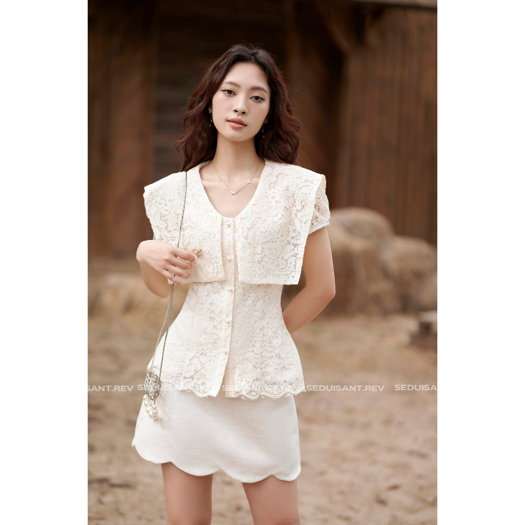 Seduisant.rev - BEYONCE SHIRT - เสื้อลูกไม้ขาวครีมเลดี้มีแขน