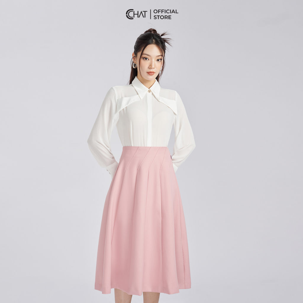 เสื้อเชิ้ตผู้หญิงคอปกบิดทรงตรงผ้าชีฟองคุณภาพสูง 53FDV8026ST