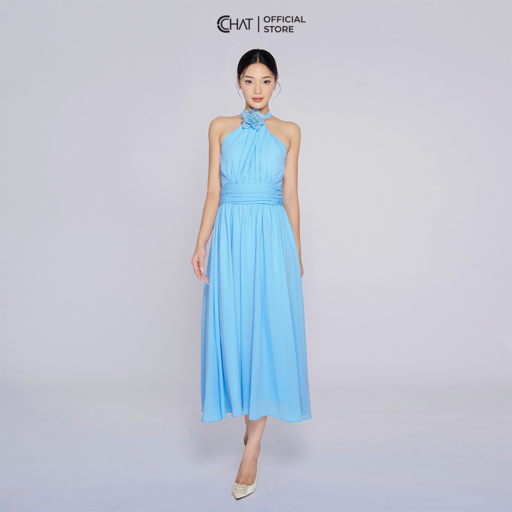 ชุดเดรสผู้หญิงคอปกจับจีบเอวบานผ้าชีฟองคุณภาพสูง 53VSV2004XT