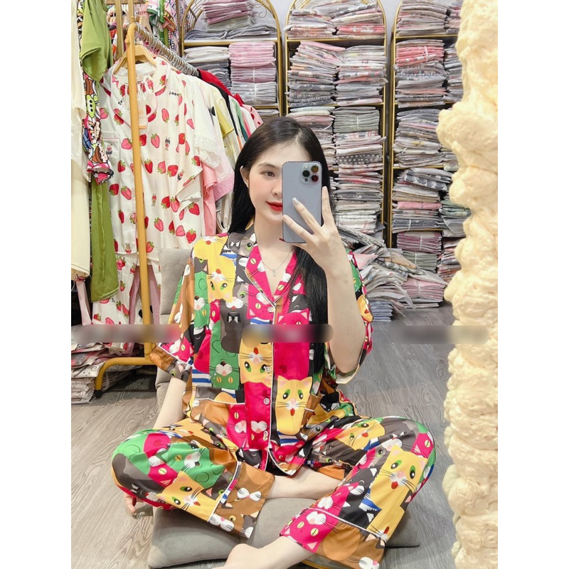 ชุดนอนแมวมีปก SM และแขนปีกค้างคาว ผ้าไหม TK by 2CE