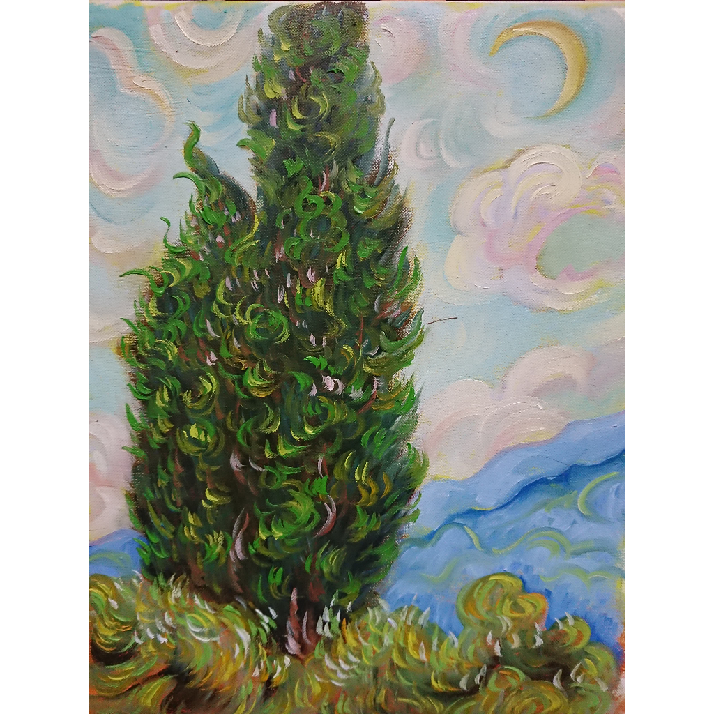 Cypress Tree - ภาพวาดสีน้ํามันมือทาสี 30x40cm