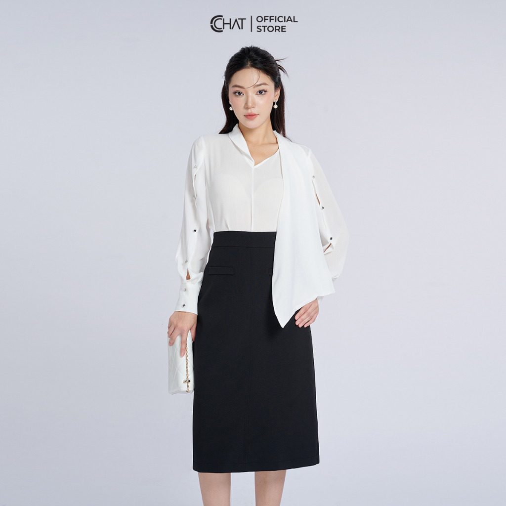 เสื้อผู้หญิงคอปกเอียงด้านเดียวผ้าชีฟองคุณภาพสูง 53ATH2011ST