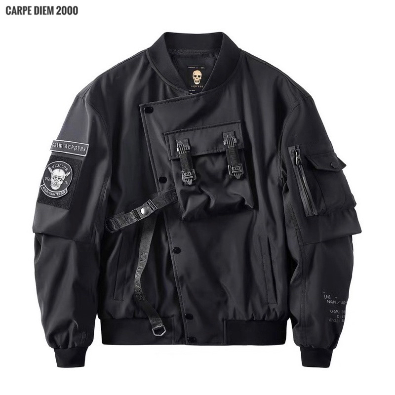 Grim-85 bomber Jacket - เสื้อแจ็คเก็ตบอมเบอร์ techwear ดีไซน์แพทช์และปักหัวกะโหลก