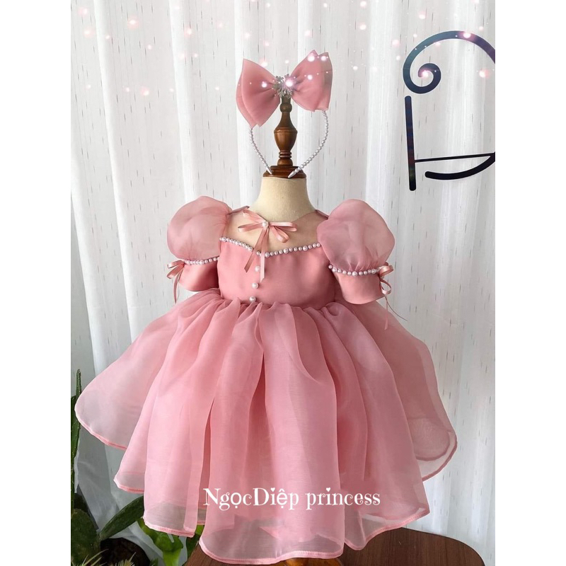 ชุดเจ้าหญิงเด็กผู้หญิงชุดเจ้าหญิงแขนพัฟสีชมพูสําหรับเด็กทารกพร้อมแผงคอฟรี ง85