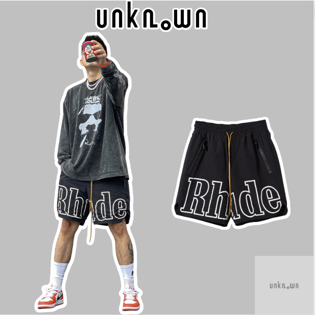 ️[Mirror Quality] ️ -Rhude LOGO-BLACK Nylon Shorts กางเกงขาสั้น Rhude คุณภาพสูง พร้อมกระเป๋าป้ายเต็ม