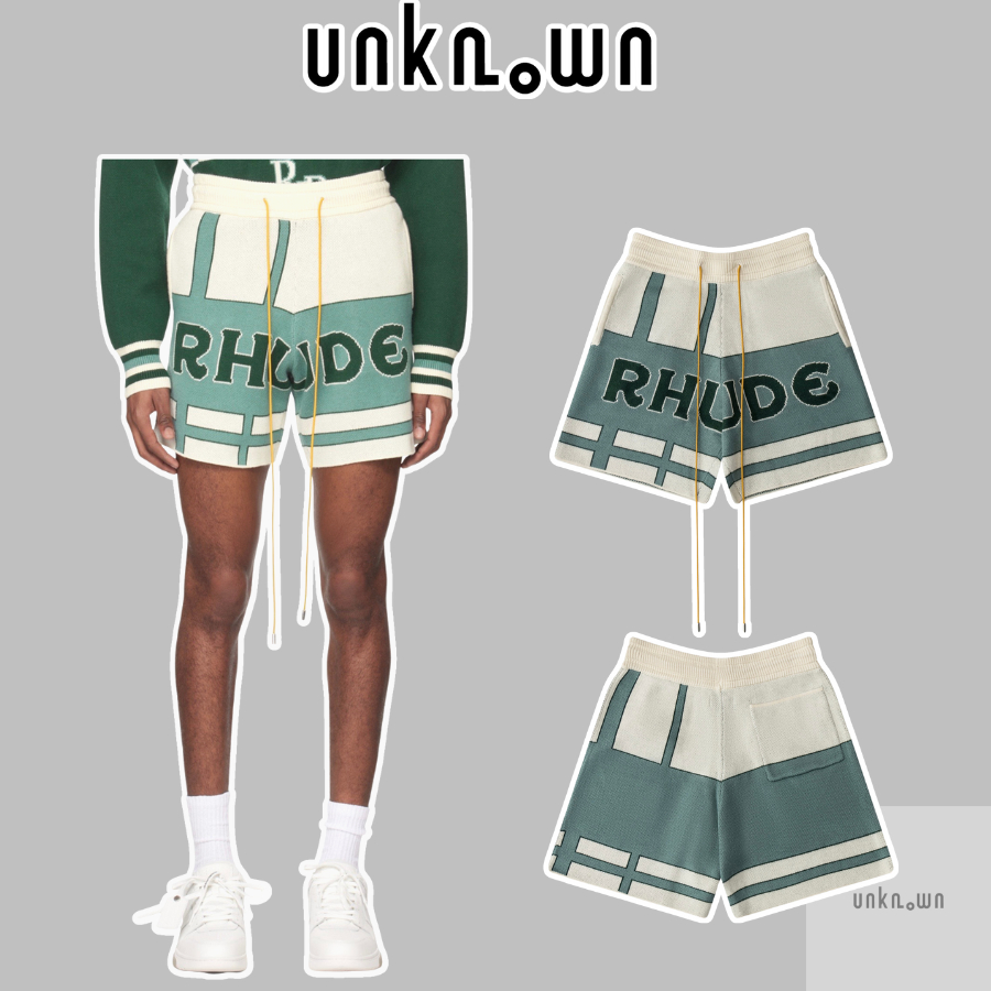 ️[คุณภาพกระจก] ️-Rhude O.ff-White & Green Jacquard Shorts, กางเกงขาสั้นโลโก้ Rhude Knit คุณภาพสูงพร้