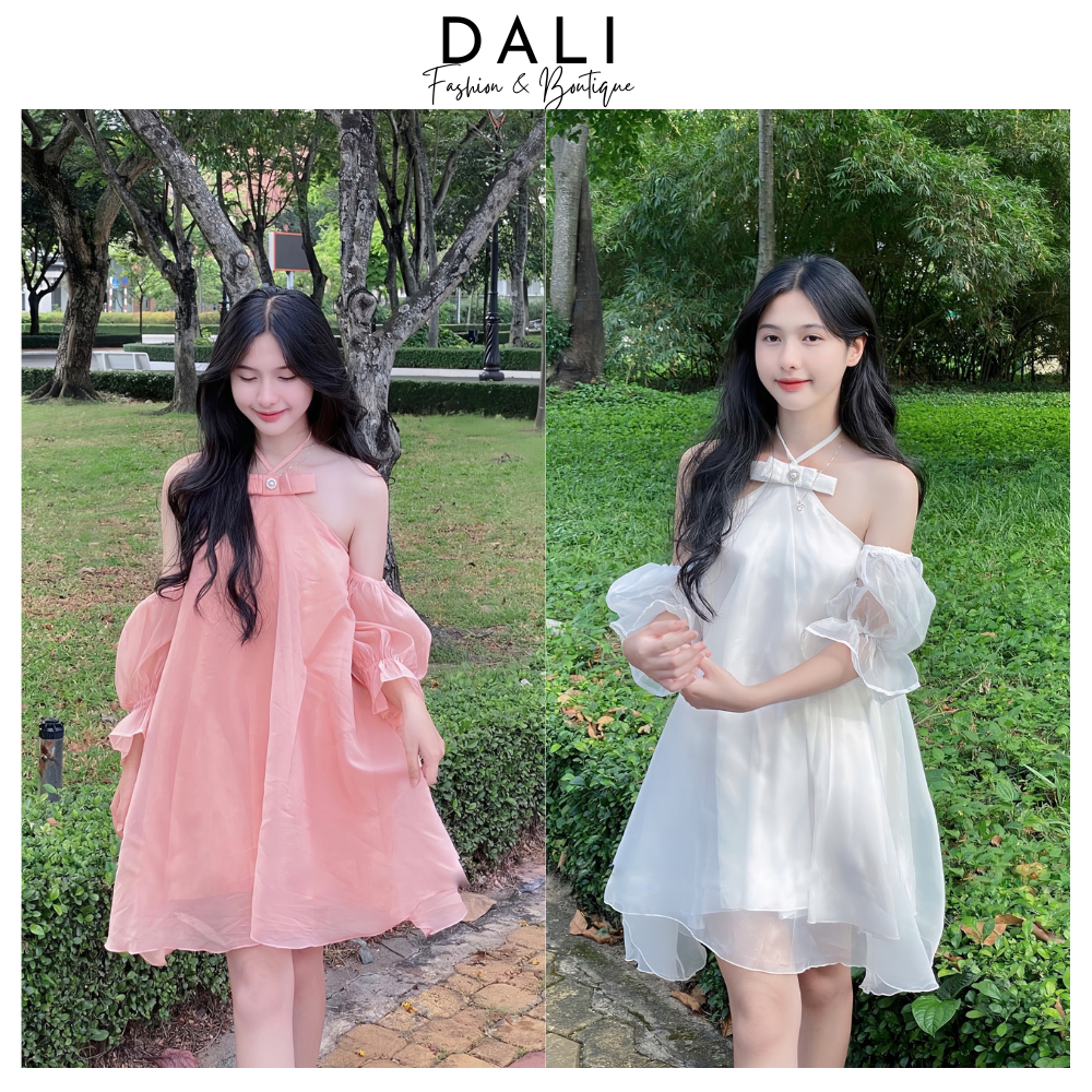 ชุดเดรสดีไซน์คอปกแขนโบว์ พลอยเทียม 2 ชั้นชุดเดรสบานผ้าชีฟองผ้าไหมสุดหรู