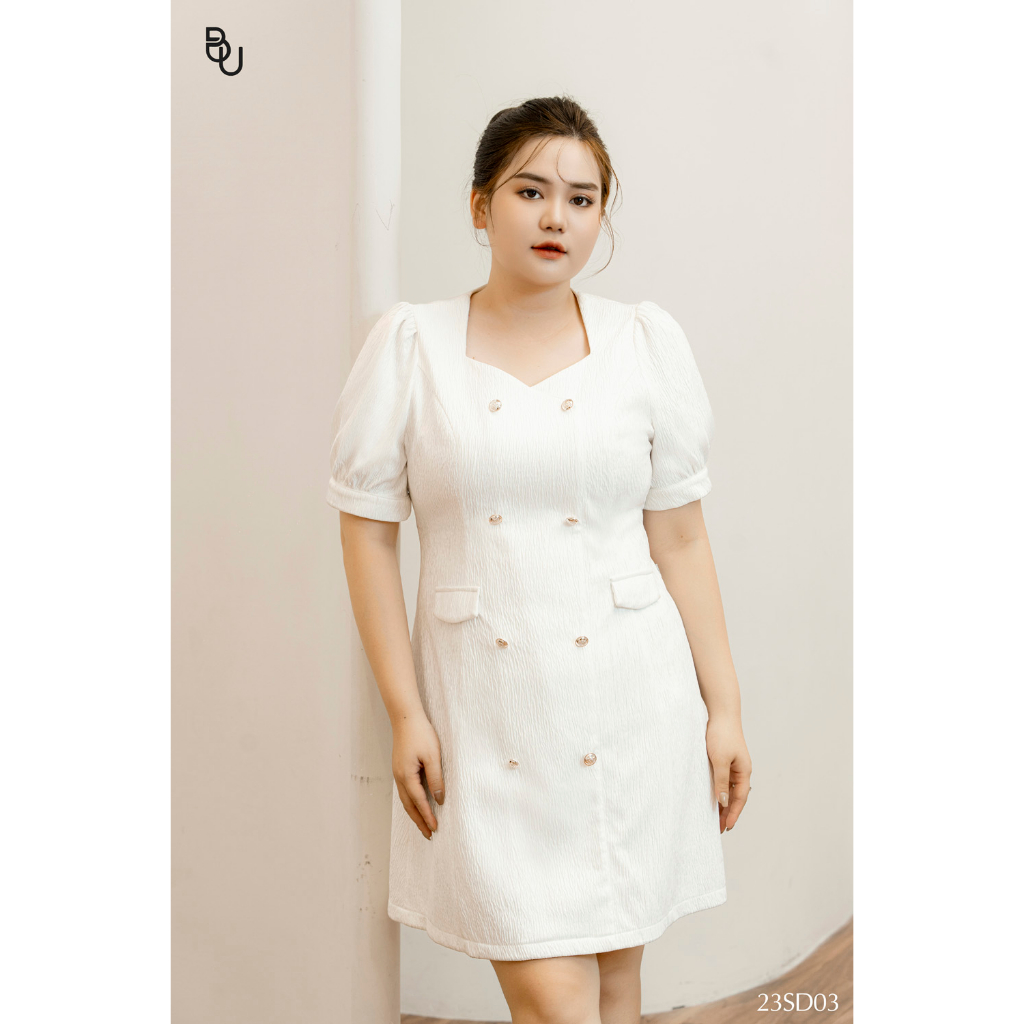 BIGSIZE เดรสคอม้วนแขนสั้น 2 ปุ่ม - 23SD03 - [BUstu Bigsize]