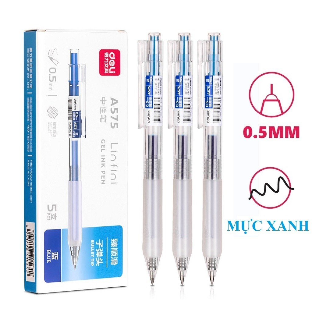 Combo 5 ปากกาเจลเขียนด้วย Deli A575/G575 ซุปเปอร์สมูทพร้อมไส้ DELI 0.5 มม. ของแท้