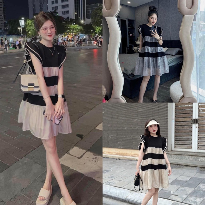 เดรสสั้นทรงตรงยางยืดและชีฟองแขนสเตียลแฟชั่นสตรีทเก๋ๆ