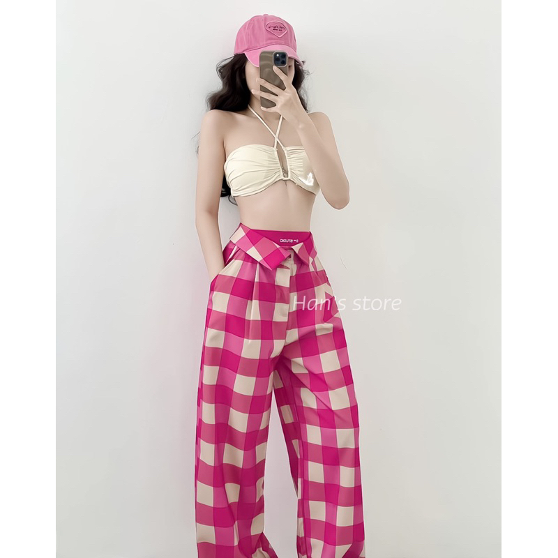 [HANS Store ]HOTPINK CARO PANTS WITH BELT FREE SHIRT (REAL PHOTOS)