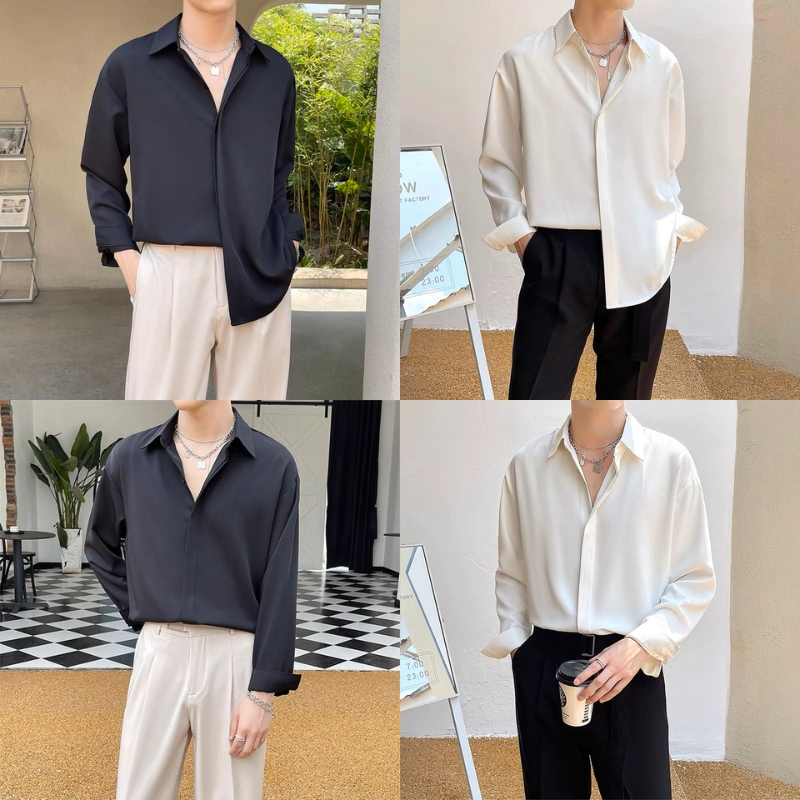 เสื้อหลวมผู้ชายในผ้าไหมมันวาวที่ไม่ยับคุณภาพสูงแบบกระดุมแฟชั่นสํานักงานเกาหลีที่สวยงาม