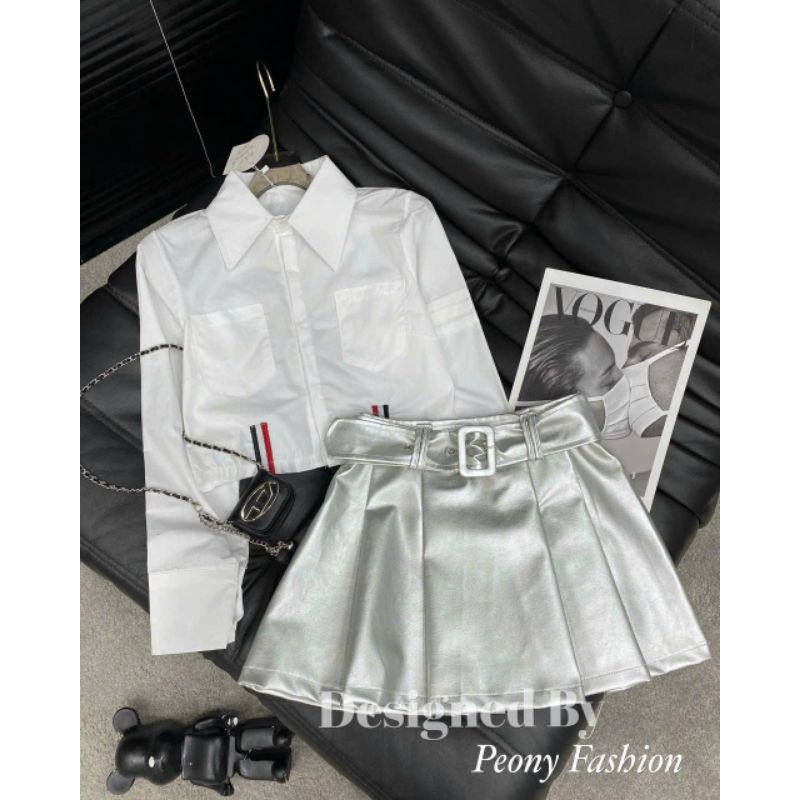 Thome Browne shirt Set ผสมกระโปรงหนังสีเงินจีบช่วงอายุสุดๆ