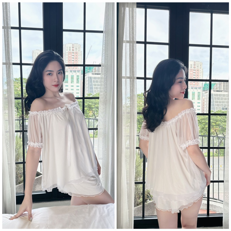 ชุด ชุดอยู่บ้านเสื้อเบบี้ดอลล์ยางยืดตาข่าย 2 ชั้น และกางเกงสั้นน่ารัก [รหัส 17]