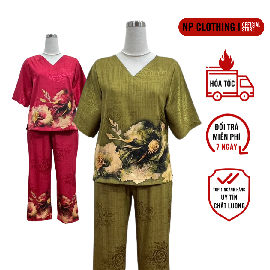 ชุดสตรีวัยกลางคน,ชุดผ้าไหมชุดใส่ในบ้านกางเกงคอเต่าแขนสั้น9นิ้วพิมพ์ลายดอกไม้3งสุดหรู | เสื้อผ้า NP U