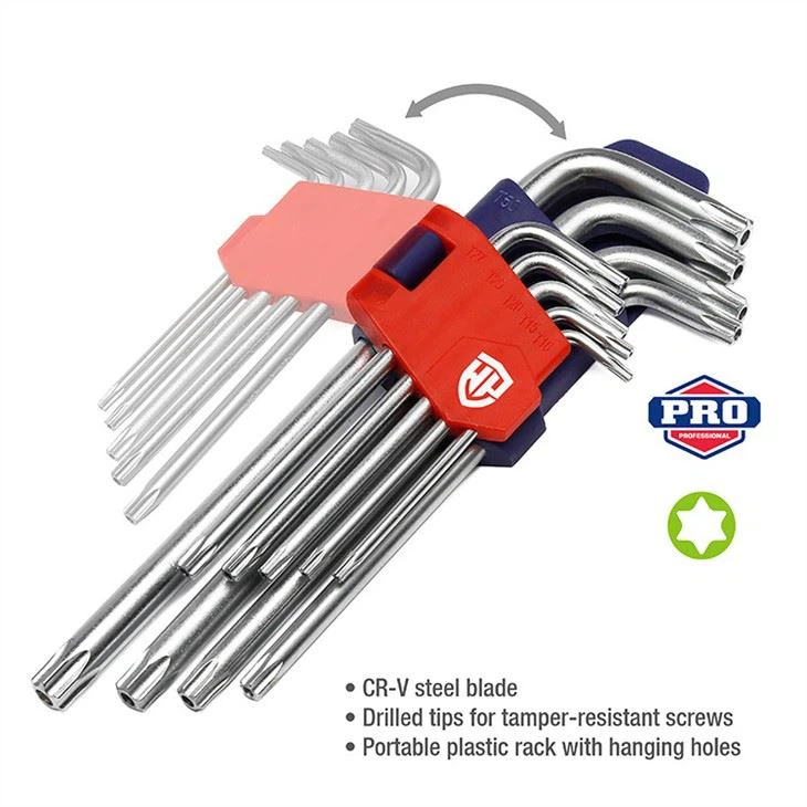 ชุดหกเหลี่ยมดาวรูปตัว L ชนิดกลาง 9 ชิ้น (T10,T15,T20,T25,T27,T30, T40, T45, T50) หลัก CR-V โลหะผสมเห