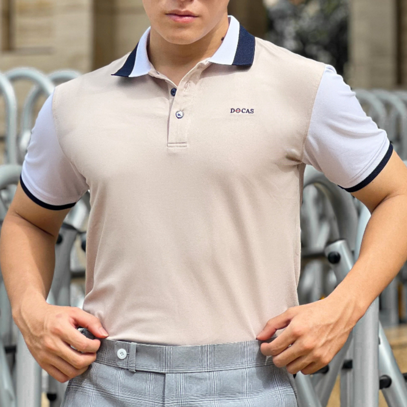 PO018-4 DOCAS เสื้อโปโลผู้ชาย CMC Cotton ผ้าสีเบจสีขาวคอปกแขน Regular Fit