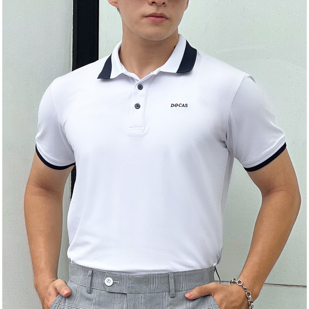 PO018-3 DOCAS เสื้อโปโลผู้ชาย CMC Cotton สีขาว คอปก สีขาว สีฟ้า Regular Fit