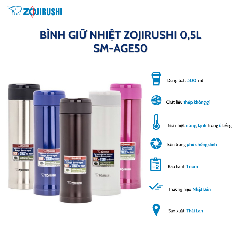 Zojirushi SM-AGE50 กระติกน ้ ําร ้ อนและเย ็ นความจุ 500 มล . ผลิตในประเทศไทย 1 ปี