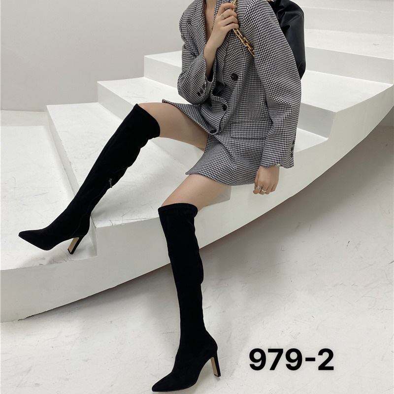 รองเท้าบูทผู้หญิง OVER THE KNEE ทําจากหนังกํามะหยี่ ส้นบาร์สูง 9 ซม. QC FULBOX 979-2