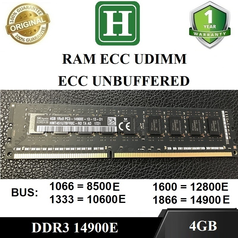 Ram ECC UDIMM 4gb ddr3 (pc3 1.5v) รถบัส 1866/ 14900E ECC unbuffered สําหรับสถานีทํางาน และ PC 1 ปี