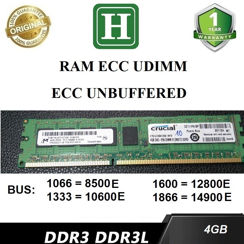 Ecc UDIMM / Ecc Unbuffered 4GB DDR3 (PC3🚚 Ram bus 1333 - 10600E ลบออก 1 ปี