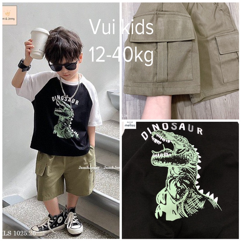 (รูปถ ่ ายจริง ) ชุดกางเกงเด ็ กชายสีกากี Dino Dinosaur Shirt Set With Khaki Pants 12-40kg Melisa Boys Box Bag