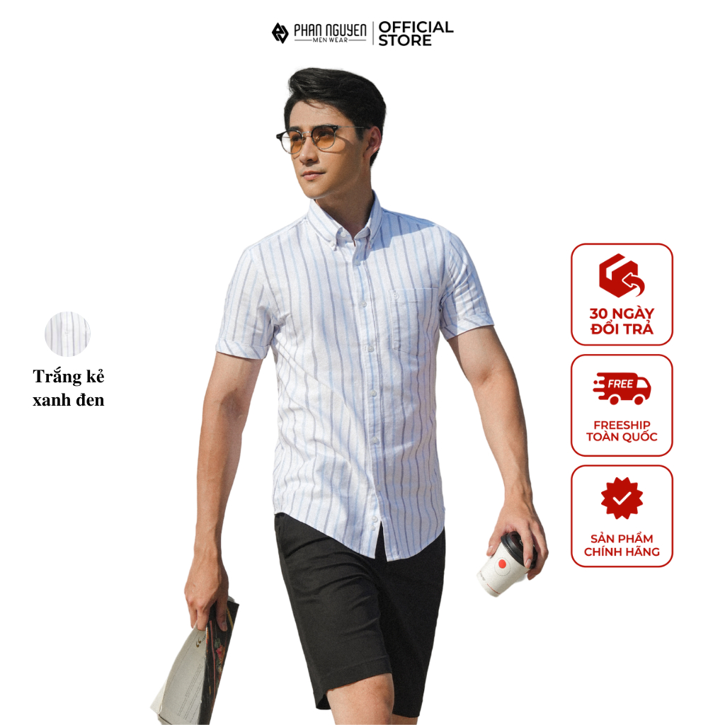 เสื้อเชิ้ตผู้ชายสีขาวแขนสั้นลายทาง พัน เหจิน สีเรียบๆ พิกัดง่าย คอตตอนนิ่มเย็น 100% SMC.323