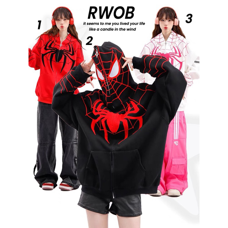 (มีจําหน่าย) KaZezzy Spider-man Hoodie " Spider-man " ปัก high zipper Hoodie หมวกหนาพร้อมรูปถ่ายจริง
