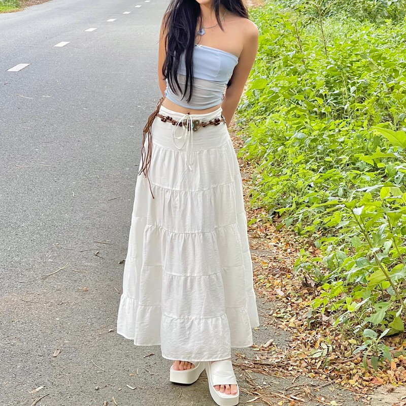 ÉMILIE - Sofia Midi Skirt - กระโปรงยาวบานหลายชั้น (เย็บ 2 ชั้น) มีเชือกผูกจีบสีขาว/ดํา