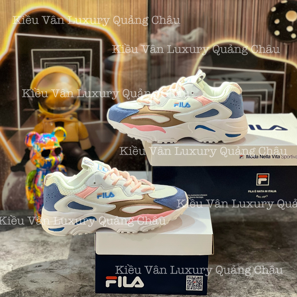 Fila Ray Tracer รองเท้าผ้าใบเพิ่มความสูงของผู้หญิง - รองเท้า Unisex สีขาวสีชมพูรองเท้าส้นสูงสีน้ําเง