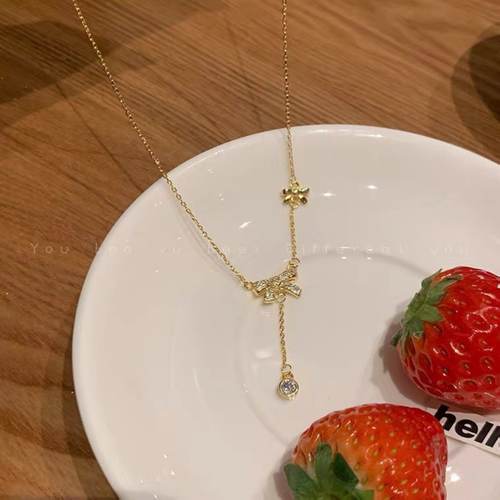 สร้อยคอ Tyche Bow Gold หุ้มด้วยหินและล็อคคุณภาพสูง อ่อนเยาว์ เหมาะสําหรับใส่ไปโรงเรียน ออกไปข้างนอก 