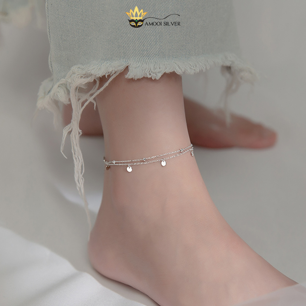 S925 SILVER Anklet Double Chain Drop Circle Ball - AMOOI SILVER ACT001