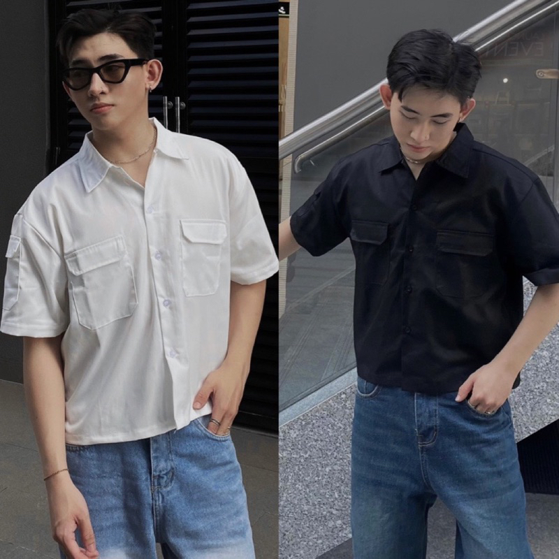 Boxy Shirt Premium Basic 3 กระเป๋าสําหรับผู้ชายและผู้หญิง วัสดุผ้าฝ้ายสีกากี เสื้อ Boxy Black/White 