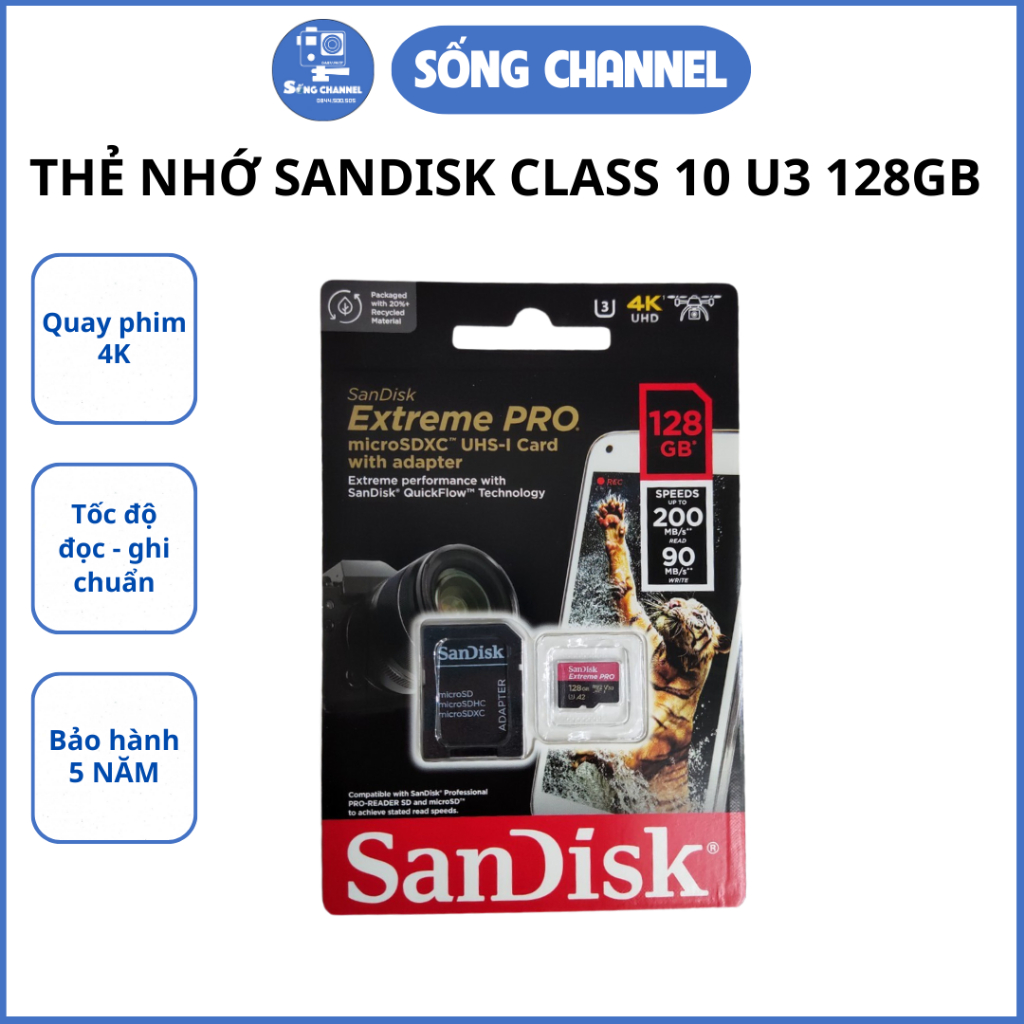การ ์ ดหน ่ วยความจํา Sandisk Extreme PRO A2 MicroSDXC - 128GB V30 U3 Class 10 UHS-I 170MB /s