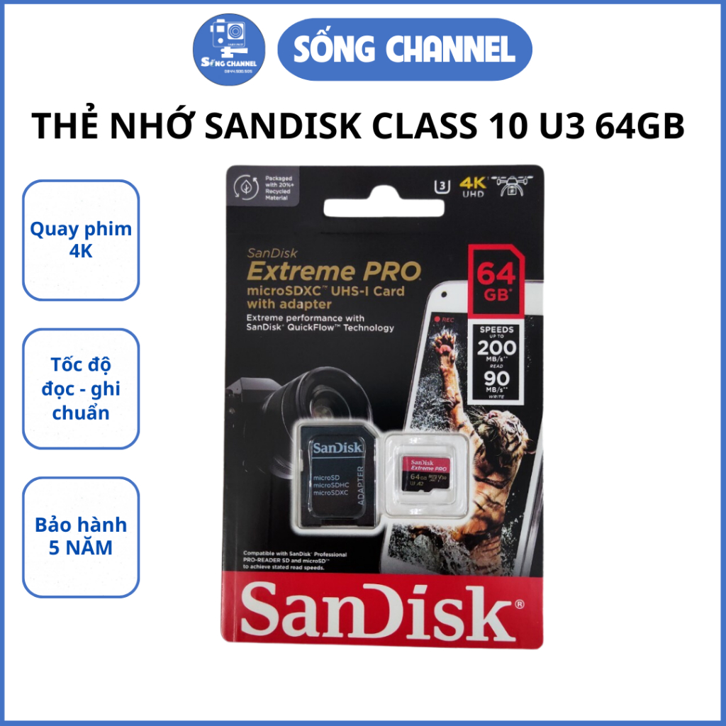 การ ์ ดหน ่ วยความจํา Sandisk Extreme PRO A2 MicroSDXC - 64GB V30 U3 170MB / วินาที