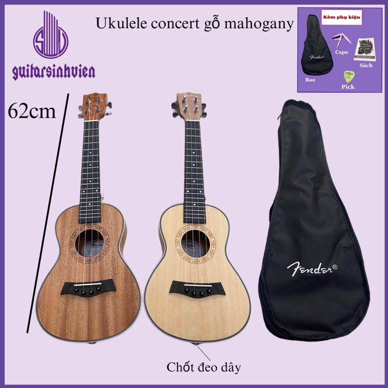 คีย ์ บอร ์ ดไม ้ มะฮอกกานี Fender ukulele ของแท ้ - ขนาด 23 นิ ้ ว 62 ซม . - ฟรีอุปกรณ ์ เสริมครบชุด