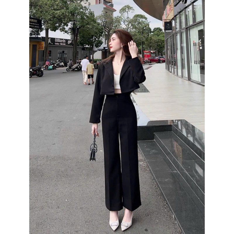ชุด แฟชั่น ชุด ผู้หญิงออฟฟิศใส่ทํางานผ้าคอตตอนเย็นพร้อมเสื้อกั๊กครอปแขนยาวและซับในผสมกางเกงขากว้างสีดํา