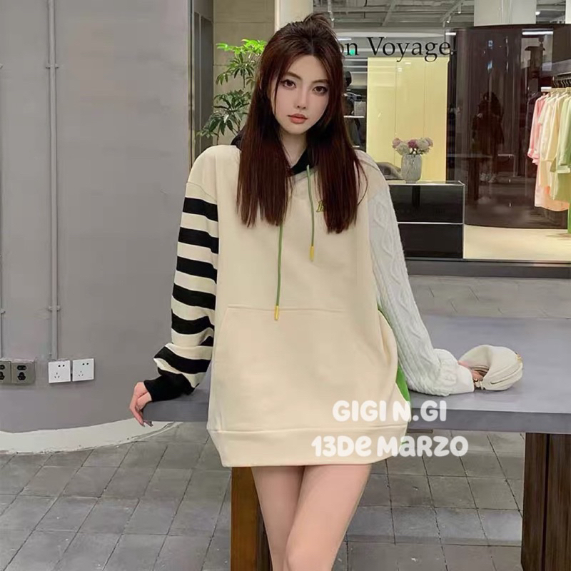 13DE MARZO STRIPED HOODIE WITH WOOL MIXED SLEEVES